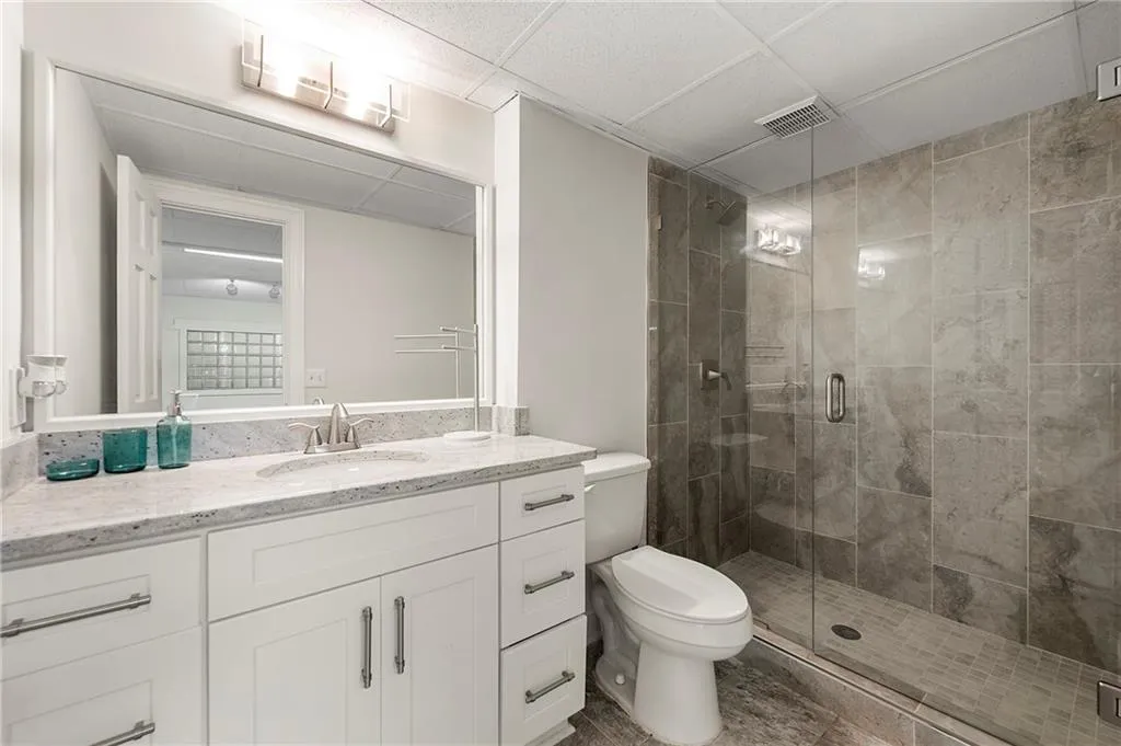 Bathroom with vanity, a stall shower, toilet, and a paneled ceiling