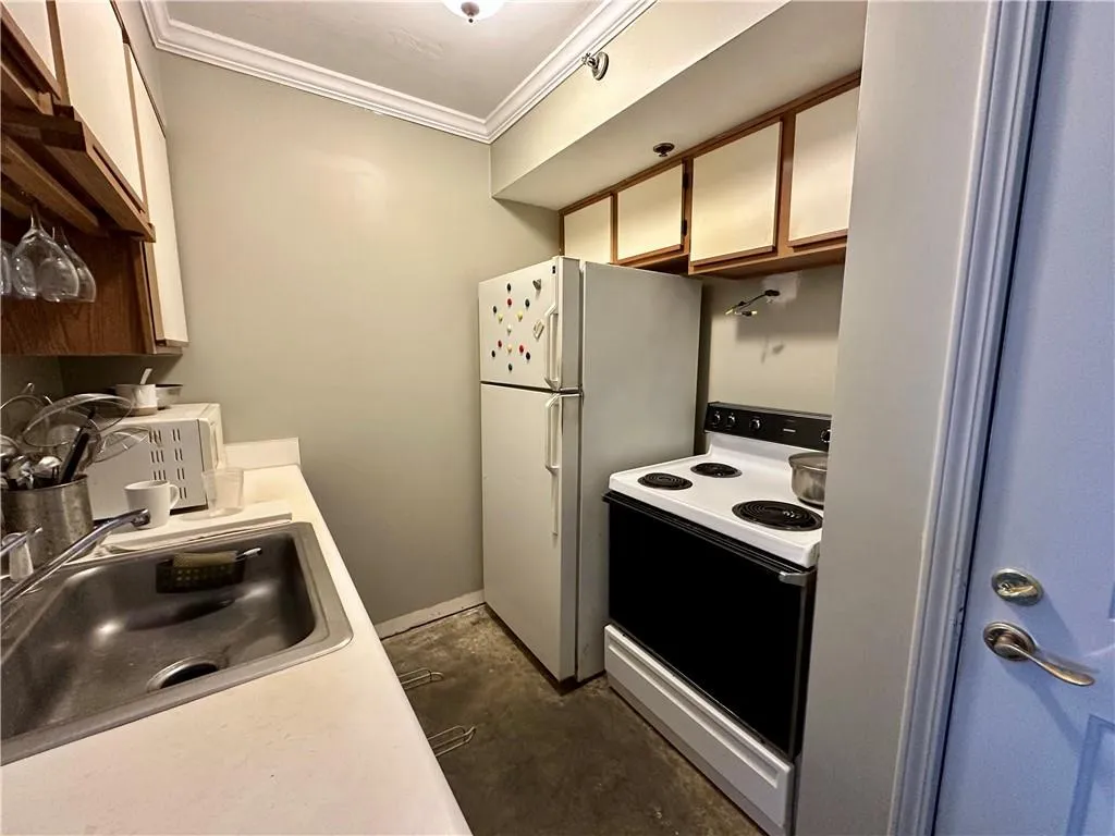 Kitchen with electric range, ornamental molding, light countertops, wood finish cabinetry, and freestanding refrigerator