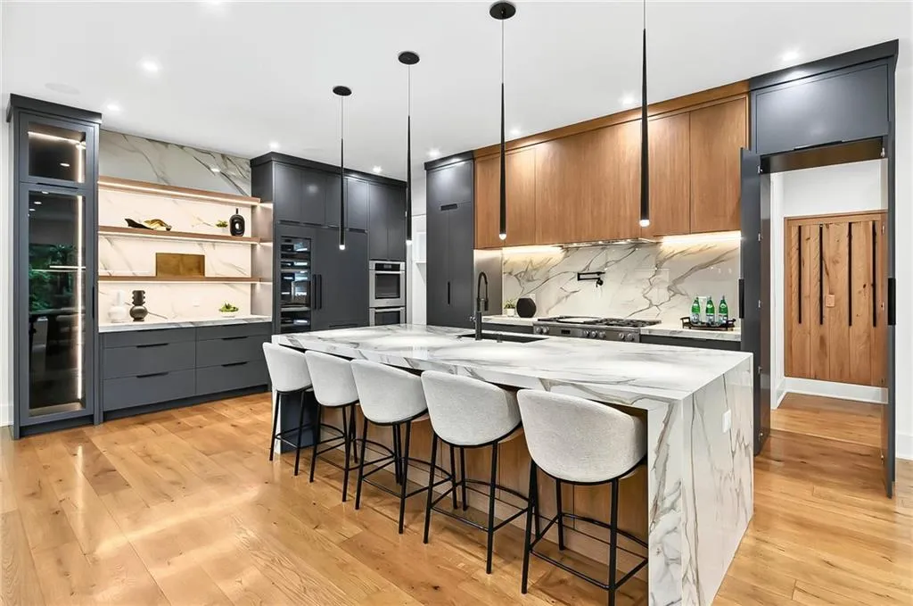 Kitchen with a sink, open shelves, stainless steel appliances, tasteful backsplash, and recessed lighting