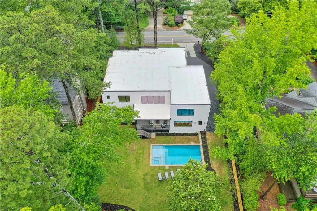 View from above of property with a pool