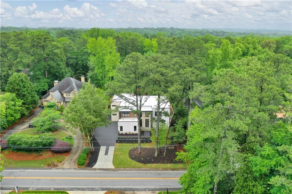 Aerial view of a heavily wooded area