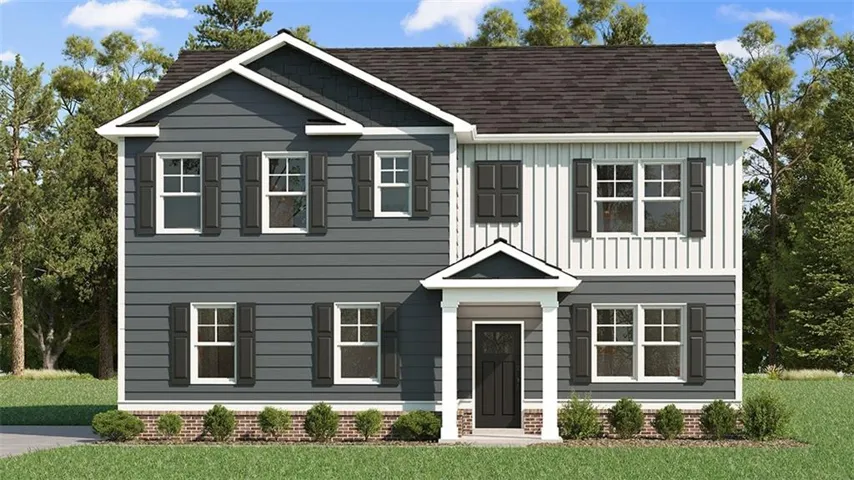Two-story exterior with dark gray siding, white vertical siding accents, dark gray shutters, a covered entry with columns, and a dark brown shingle roof