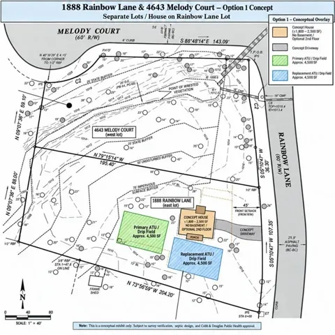 Conceptual Site Plan. Illustrating property boundaries, proposed structures, and utility fields for the parcels at 1888 Rainbow Lane and 4643 Melody Court