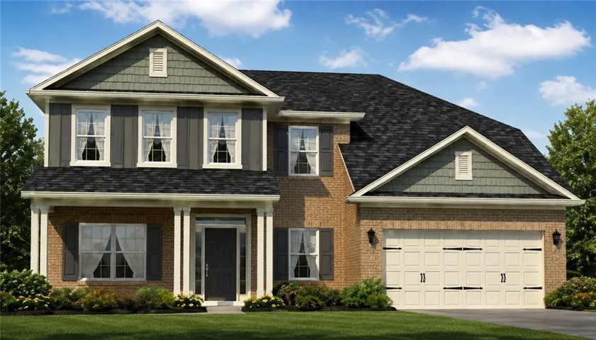 Brick facade, multi-pane windows, columned front entry, attached two-car garage, and dimensional shingle roof