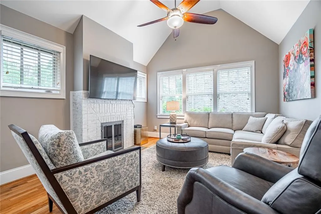 Cathedral ceiling, cozy fireplace and lots of natural light