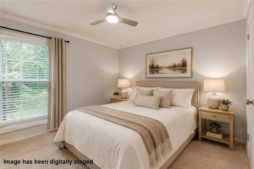 Ceiling fan with integrated lighting, crown molding, double-pane window with blinds, and carpet flooring