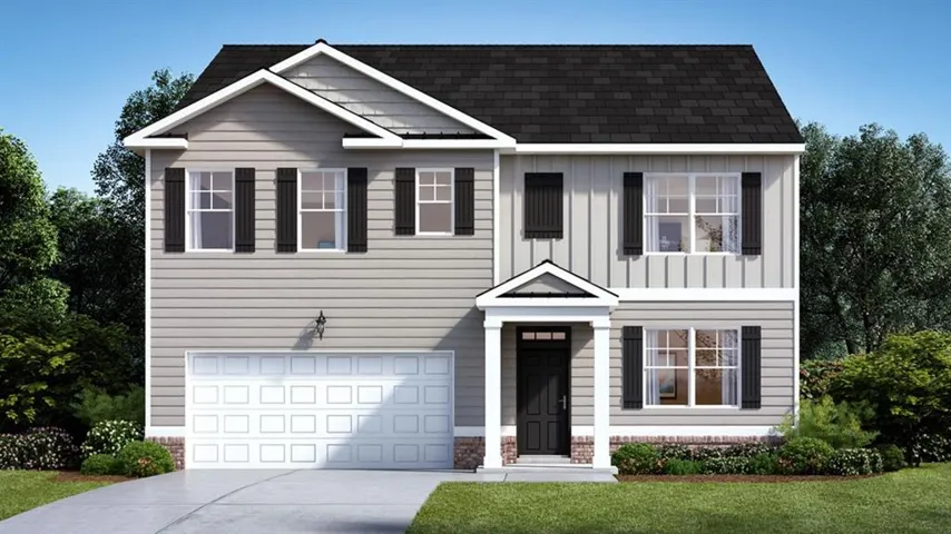 Two-story residence featuring light gray siding with a contrasting dark shingle roof