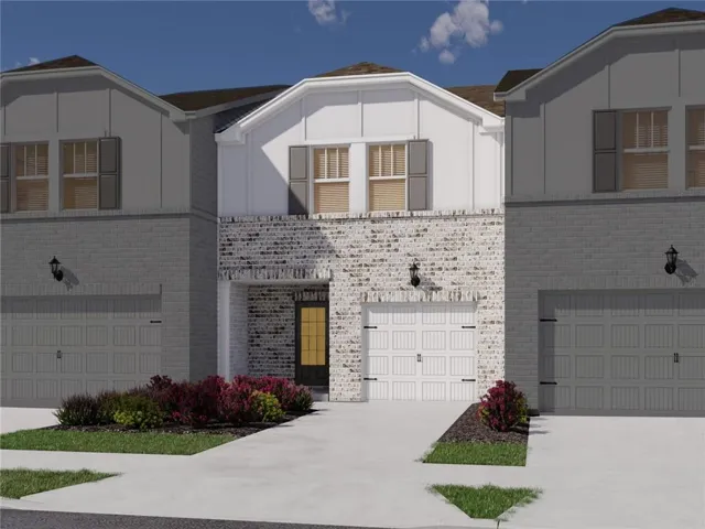 Two-story facade with mixed material construction, featuring light brick and white siding