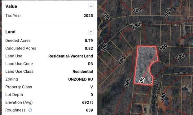 Property Report. Displaying land characteristics and an overhead map of the property
