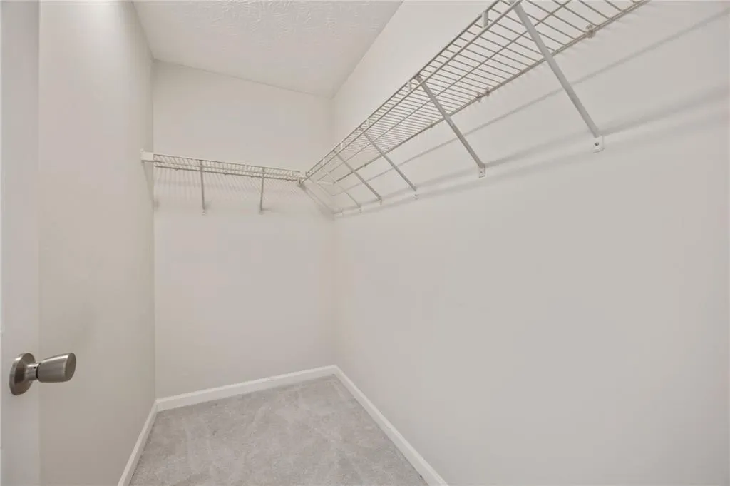 Walk in closet featuring light colored carpet