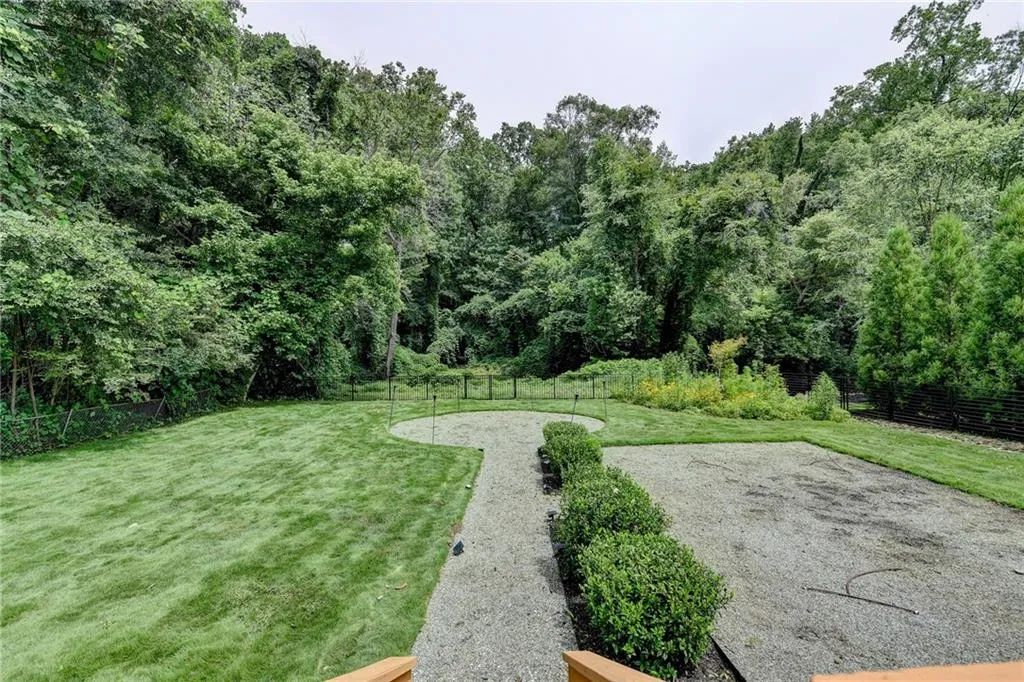 View of yard with a patio area and a forest view