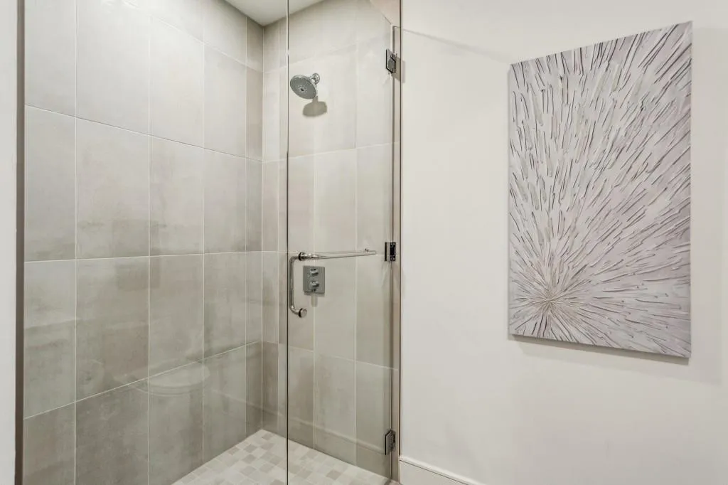 Walk-in shower in secondary bathroom.