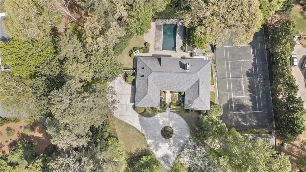 View from above of property featuring a pool