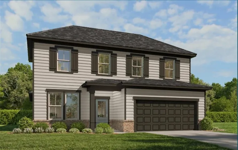 Two-story residence featuring light-toned horizontal siding with dark trim accents