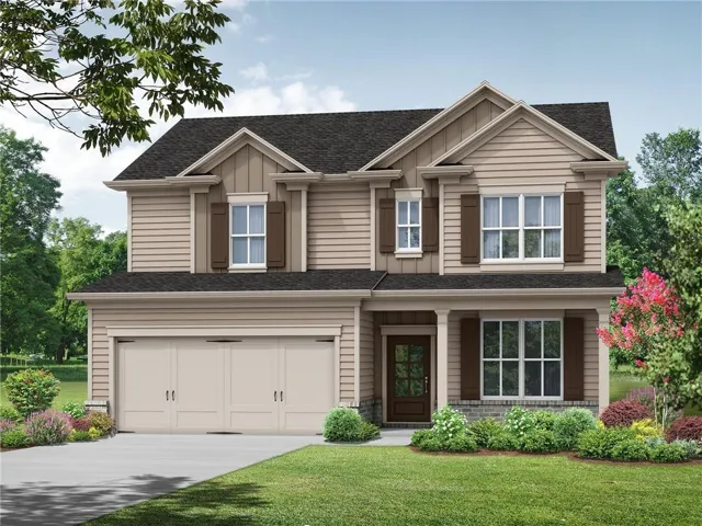 Two-story home featuring a welcoming front facade with taupe fiber cement siding, multiple gabled rooflines, and architectural trim detailing