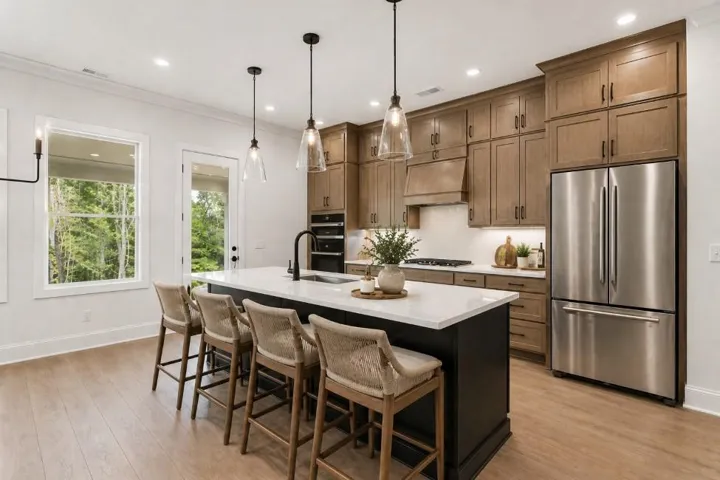 Chefs kitchen w microwave/oven built in and a SS vented hood.  Subject property will feature sage cabinets w a stained island.  42" uppers w cushion close cabinets.