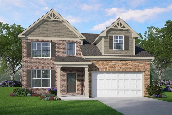 Two-story home with brick and stone accents, shake siding gables, front entry porch with columns, and a two-car garage