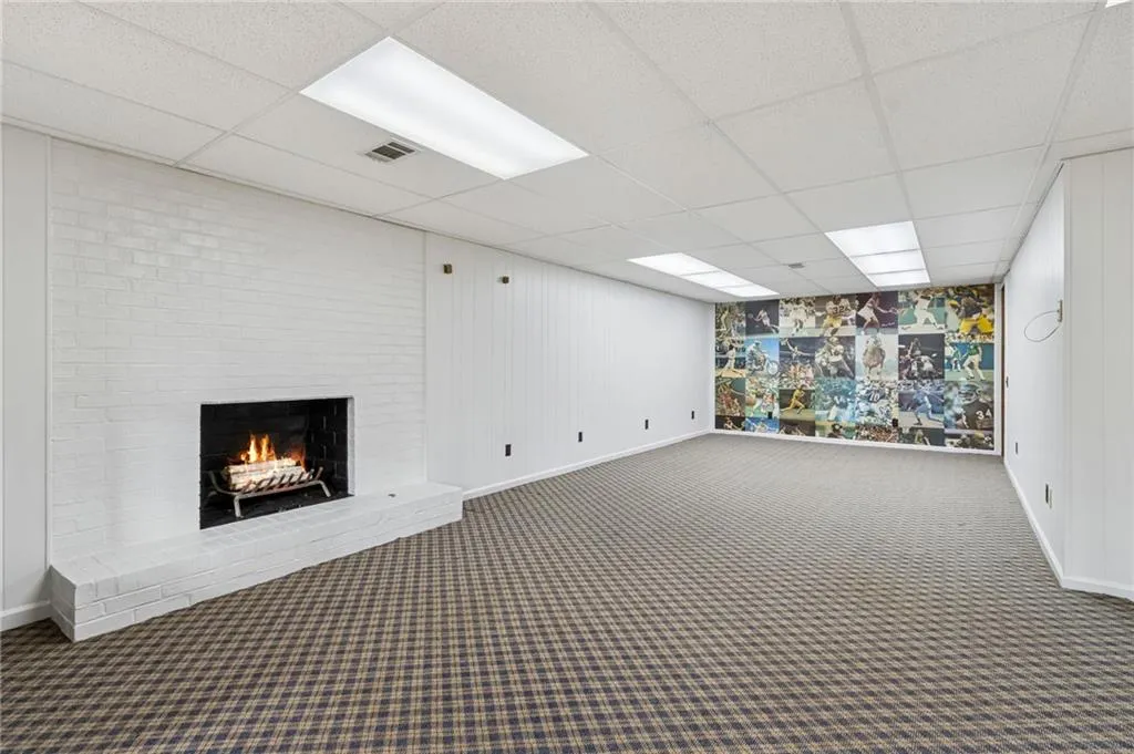 Finished below grade area with a drop ceiling, a fireplace, carpet floors, and wooden walls