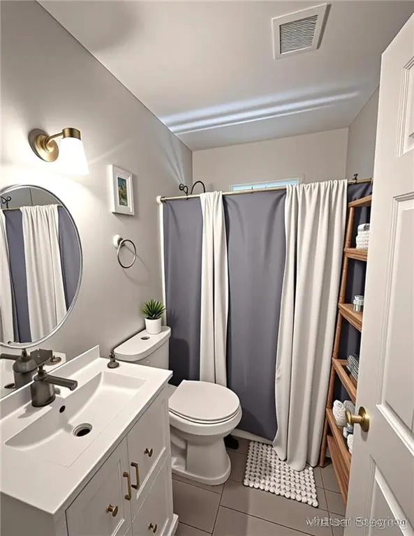 Full bathroom with vanity and light tile patterned flooring