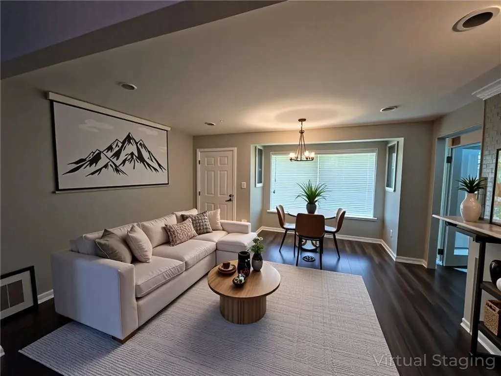 Living area featuring dark wood-style floors and a chandelier