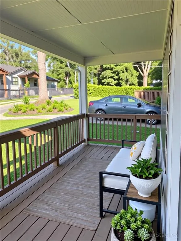 Wooden porch with a yard
