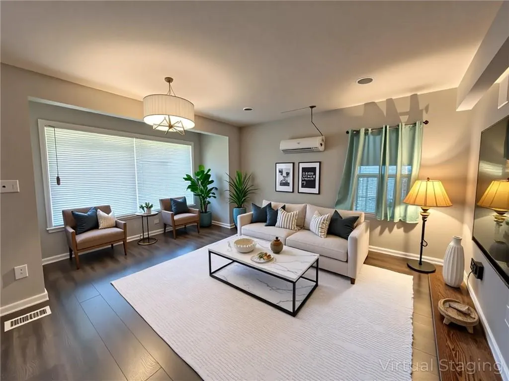 Living area featuring baseboards and dark wood-style floors