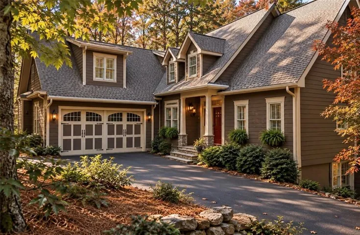 Gabled roofline with dormer windows, rich brown siding, a two-car garage with arched window detailing, a red entry door, and a paved driveway