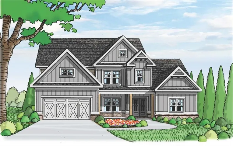 Architectural Rendering. Illustrating the exterior facade and landscape elements of the property