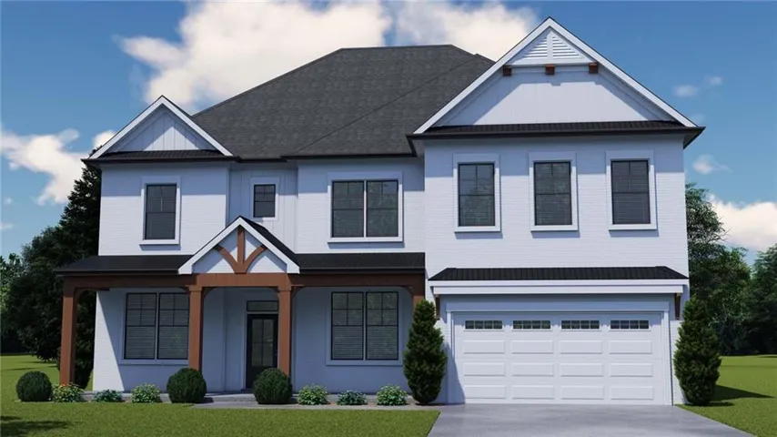 Two-story residence featuring a dark shingle roof, white exterior siding, and a prominent front porch with wood-finish columns and trusses