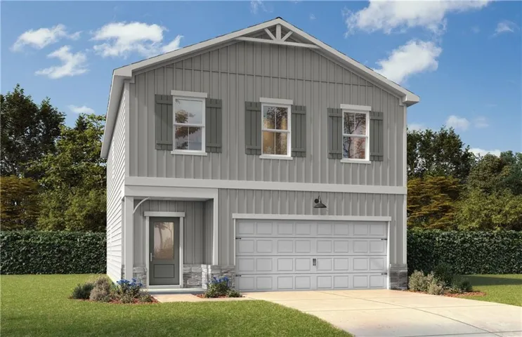Contemporary two-story residence featuring board and batten siding, a single-car garage, and a covered entry with stone column accents