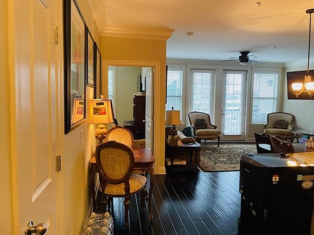 Living room with ceiling fan with notable chandelier, dark hardwood / wood-style floors, and crown molding