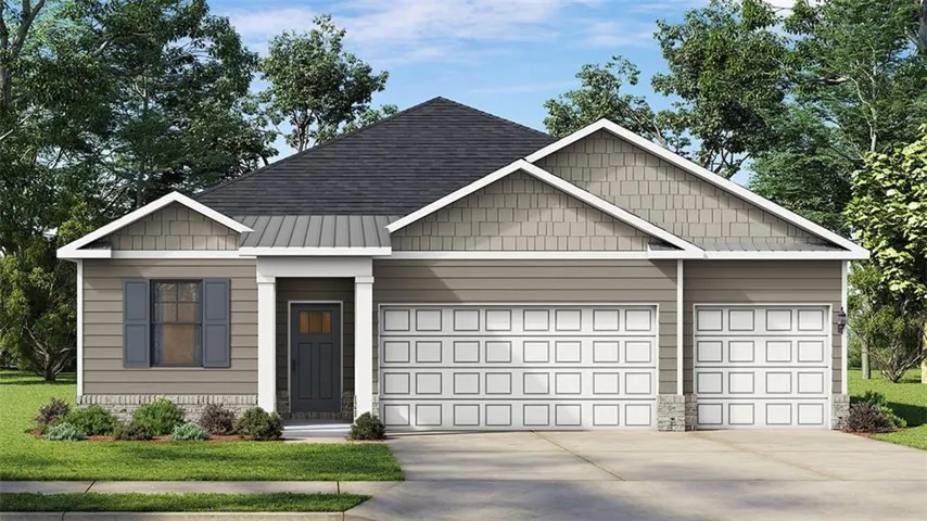 Single-story residence featuring a three-car garage, gray horizontal siding, and decorative shingle gables