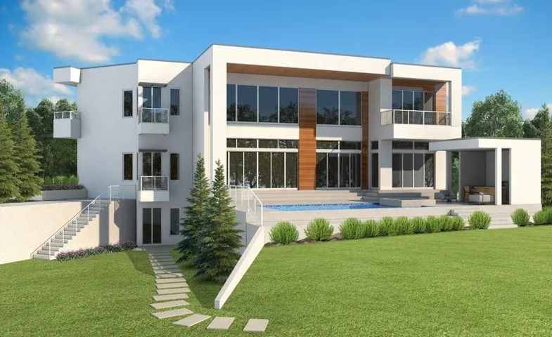 Rear view of property featuring a lawn, a patio, and a balcony