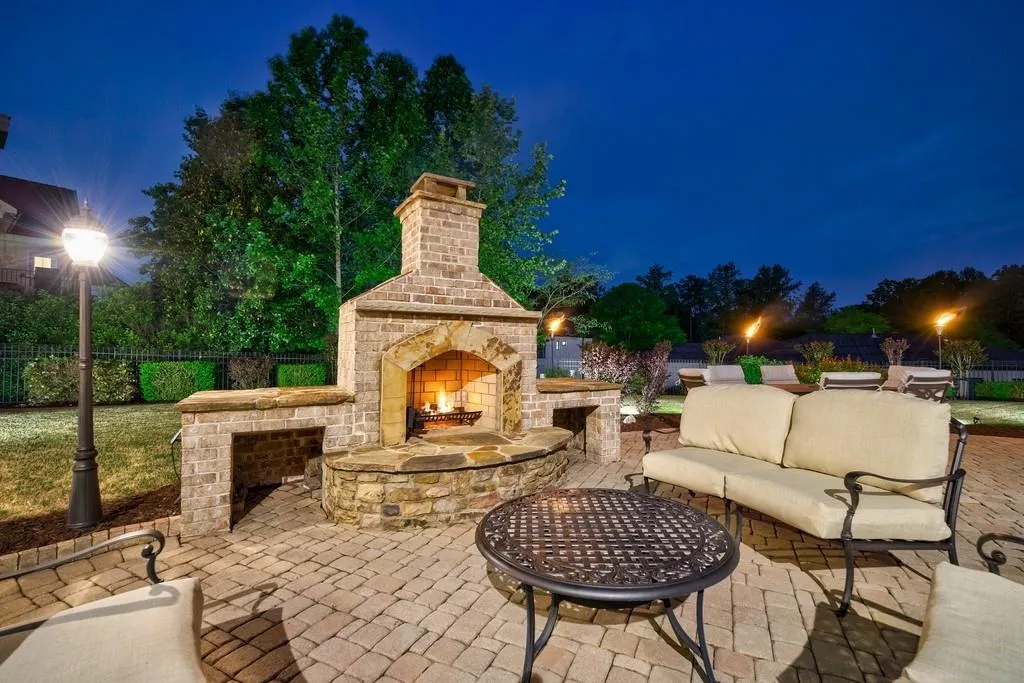 twilight shot of the outdoor fireplace