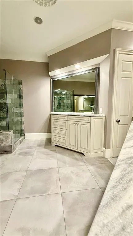 One of two custom vanities in the primary bath.