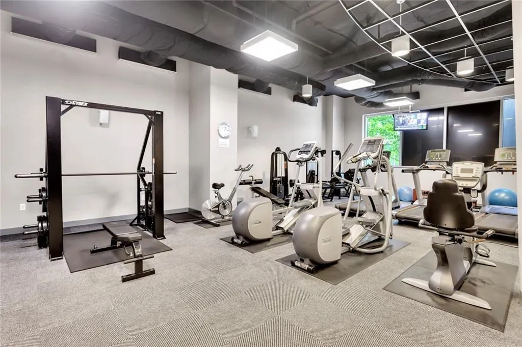 Gym featuring carpet flooring and baseboards
