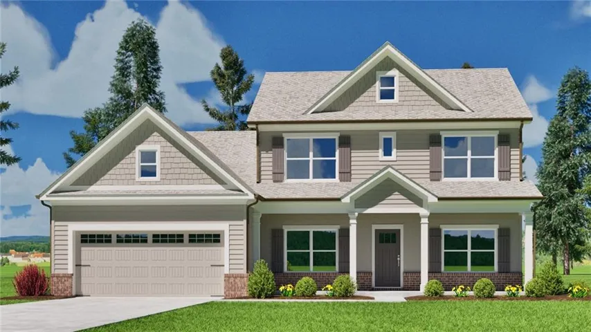 Traditional-style exterior with a covered entry, columned porch, and a two-car garage