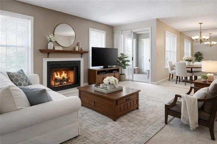 Open living area centered around cozy gas fireplace with comfortable layout for everyday living (Virtually Staged)