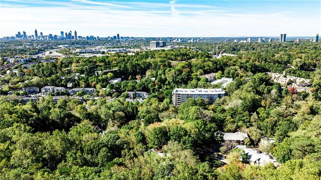 Aerial view of property's location with skyline and a forest