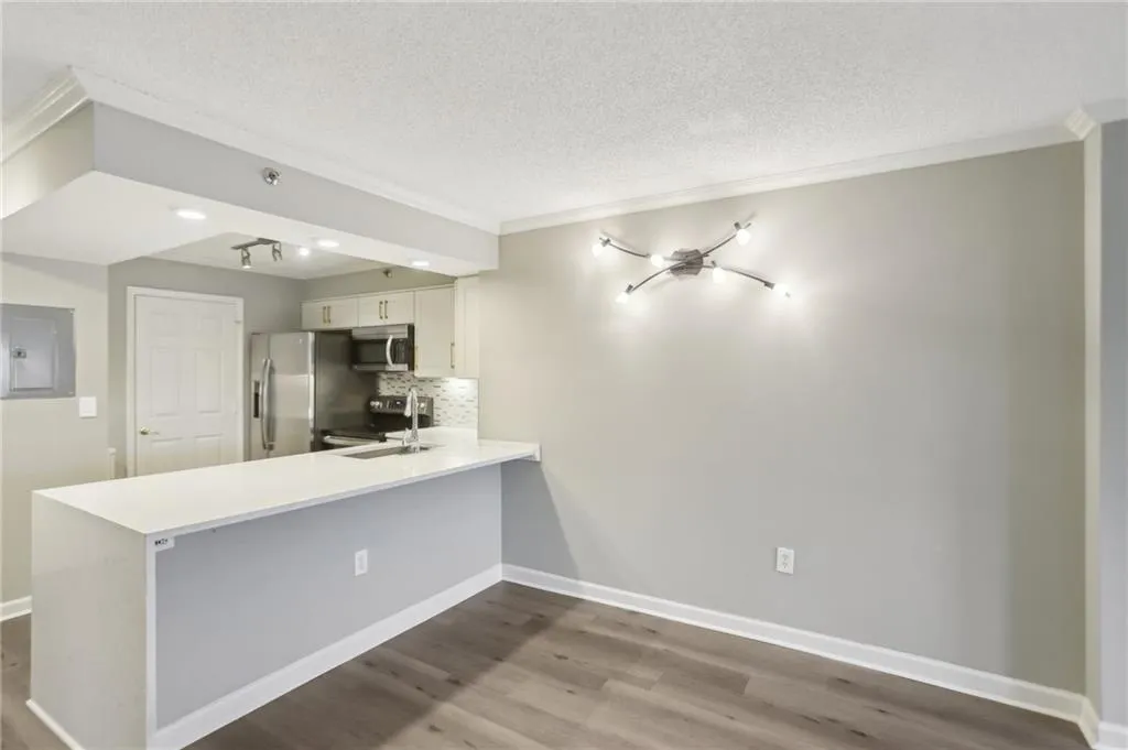 Kitchen featuring white cabinetry, tasteful backsplash, kitchen peninsula, electric panel, and stainless steel appliances