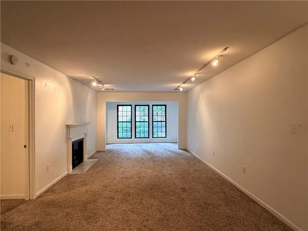 Carpeted living area with a white mantel fireplace, track lighting, and a three-pane window