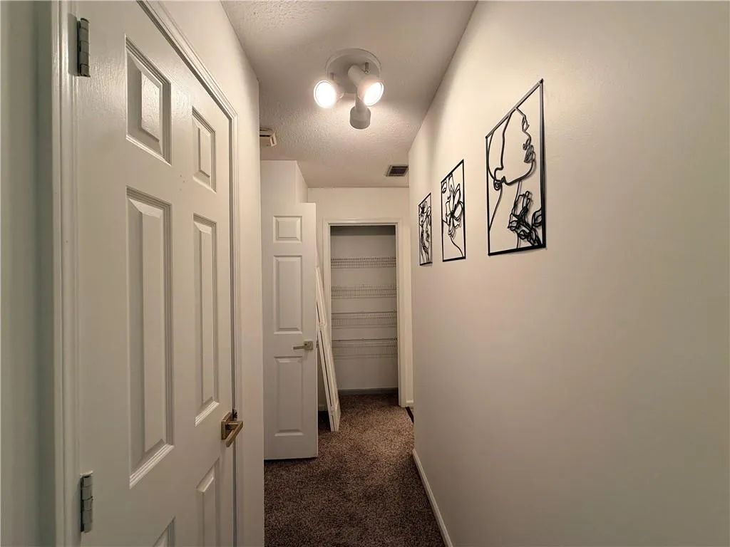 Hallway with paneled doors, track lighting, and textural carpeting