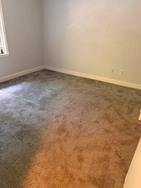 Carpeted flooring, painted walls, and window with white trim