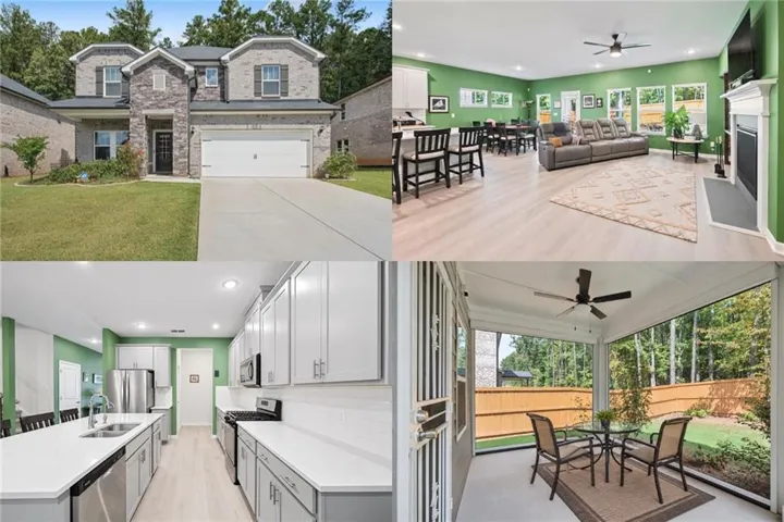 Property Listing Photos. A composite image displaying the exterior, living area, kitchen, and screened porch of the property