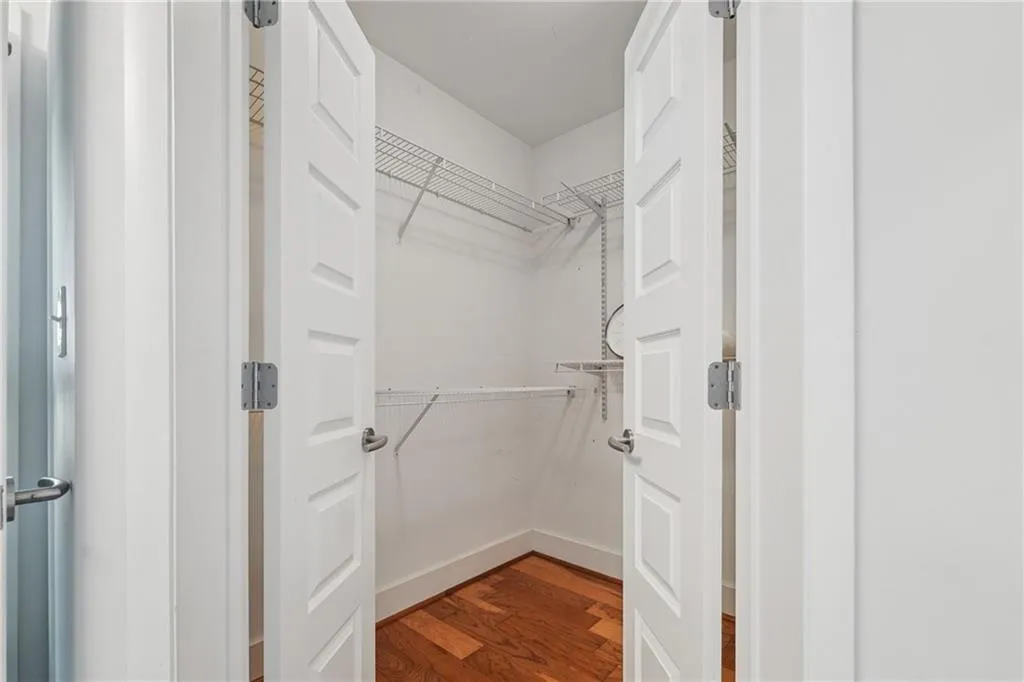 Walk in closet with wood finished floors