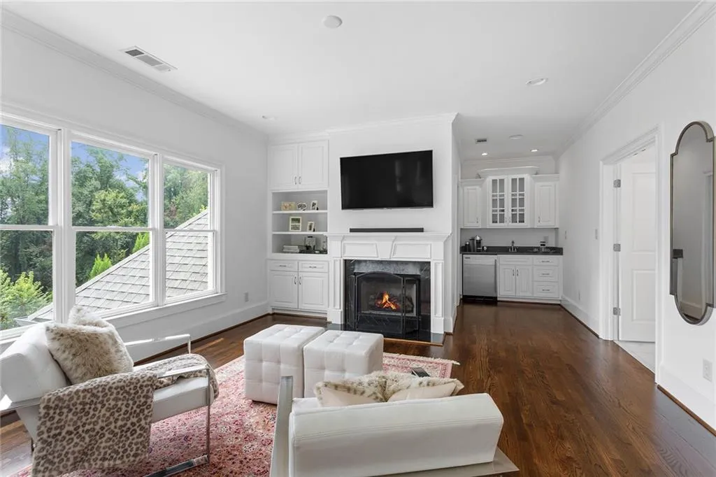 Living room featuring sink, ornamental molding, a premium fireplace, and dark hardwood / wood-style flooring
