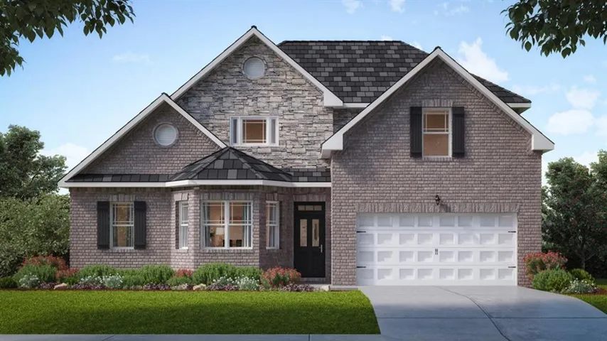 Multi-level exterior featuring brick and stone cladding, a prominent bay window, a two-car garage, and dark-toned shutters