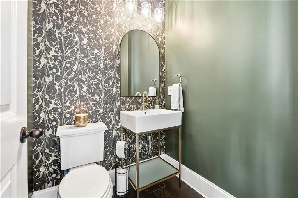 Fully Redesigned Powder Bath, New Vanity, Mirror and Designer Wallcovering