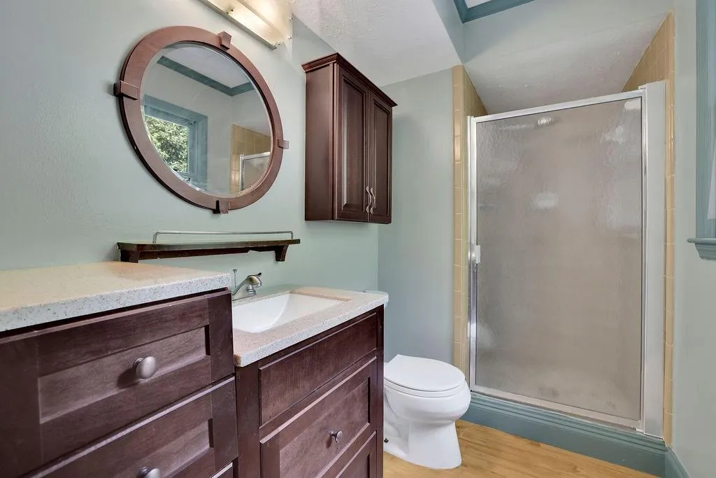 Bathroom featuring hardwood / wood-style flooring, walk in shower, vanity, and toilet