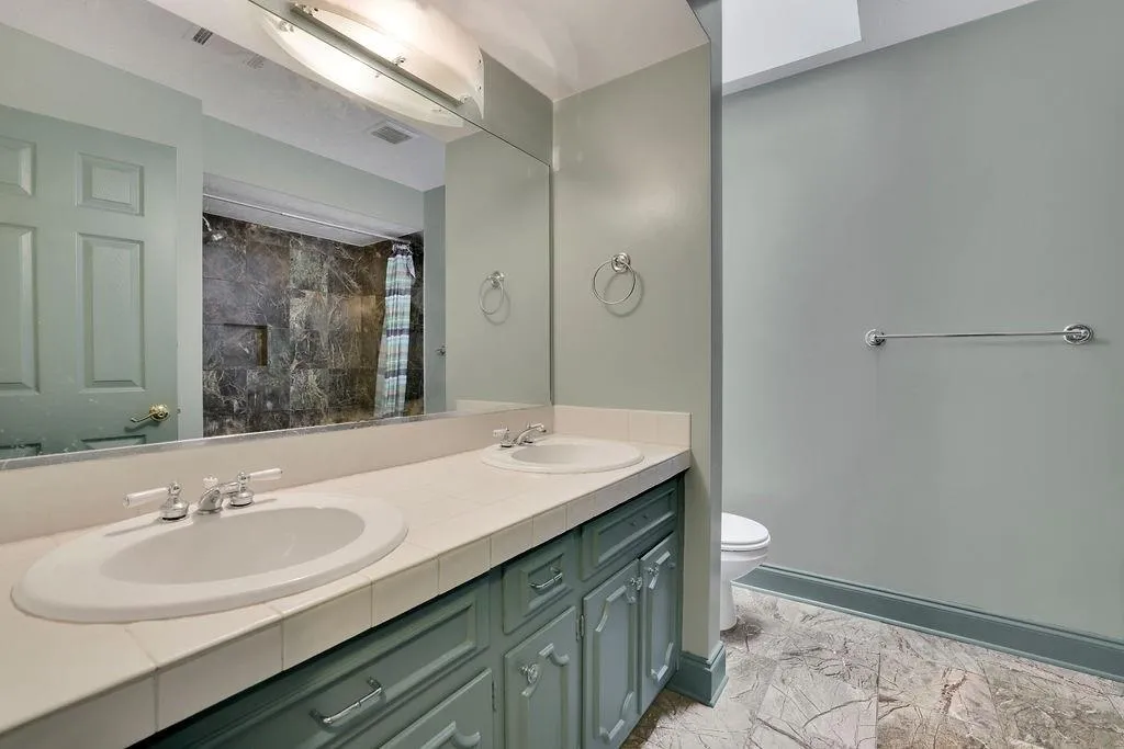 Bathroom with vanity, toilet, and a shower with curtain